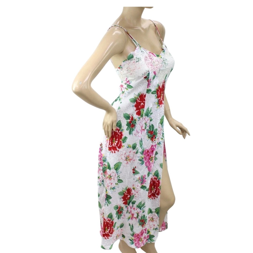 Vintage 80's Victoria's Secret Floral Lace Trim Midi Slip Dress White Red Pink S